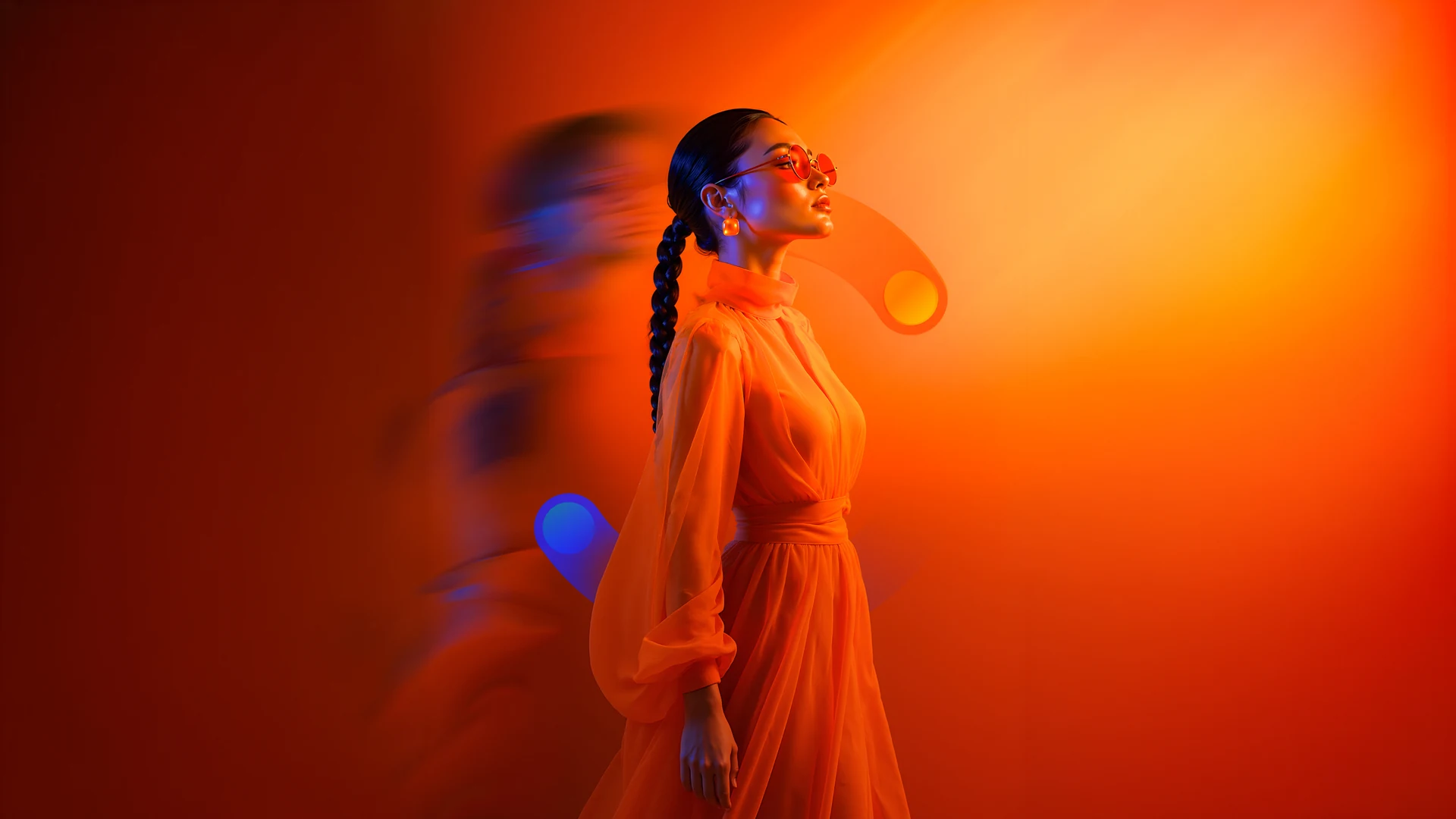 Mujer con anteojos iluminada en tonos naranja y azul